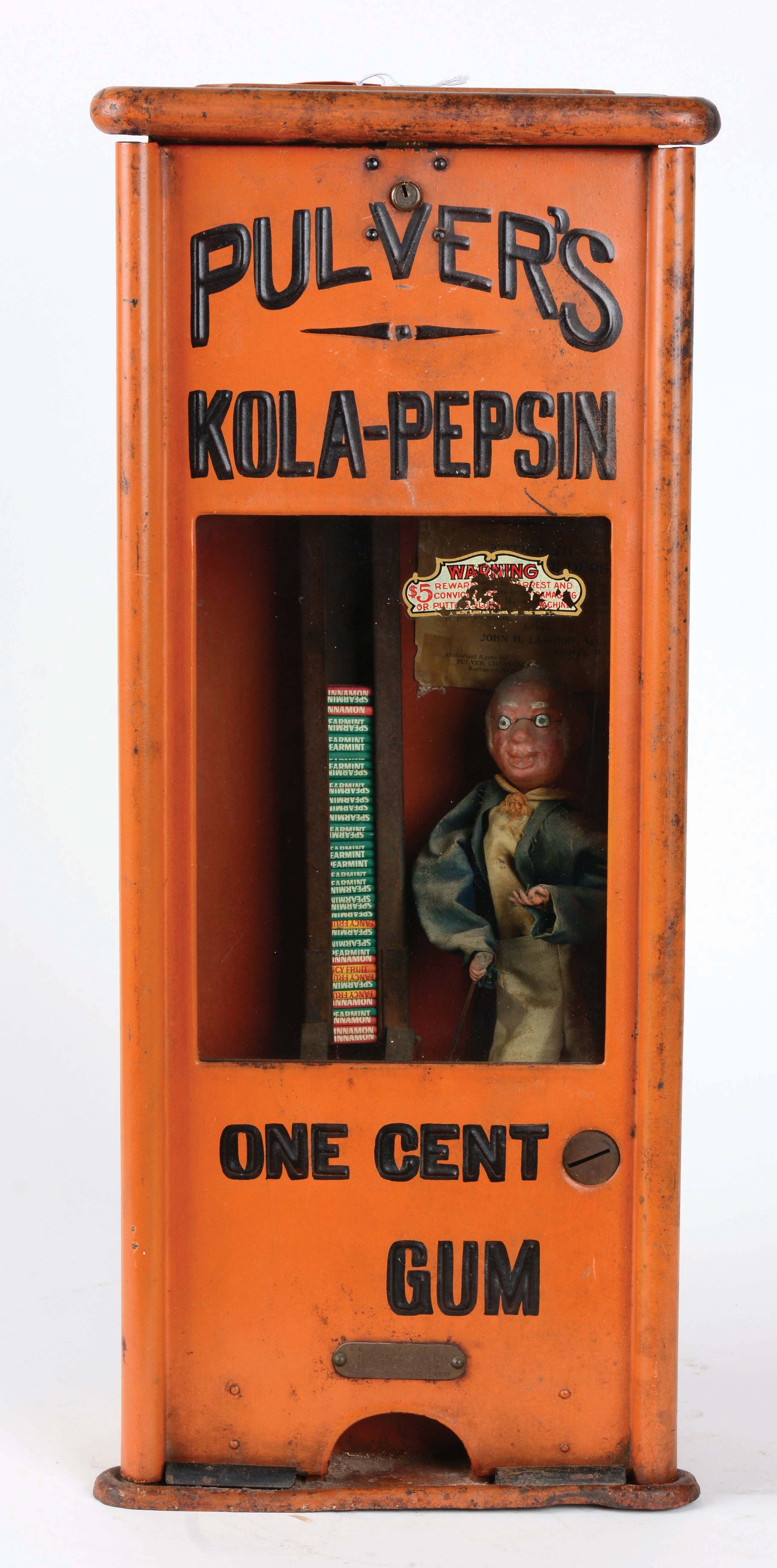 Lot Detail - 1¢ PULVER'S KOLA-PEPSIN PAINTED TIN GUM VENDING MACHINE.