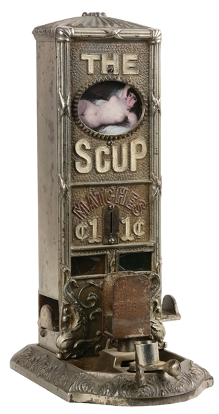 1¢ NORTHWESTERN CORP. "THE SCUP" MATCH VENDING MACHINE & CIGAR CUTTER.