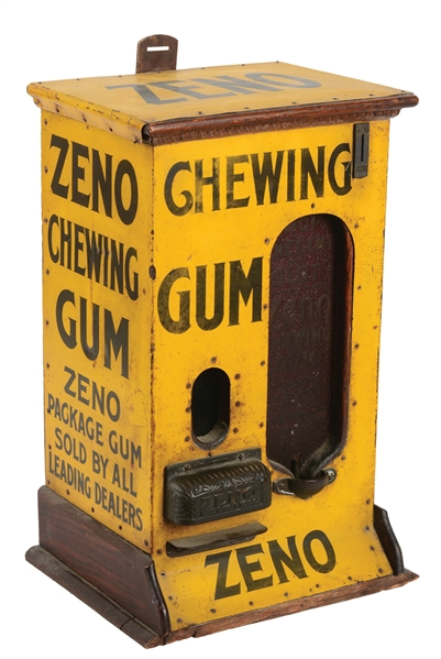 1¢ ZENO CHEWING GUM TIN SIDED WOODEN VENDING MACHINE.
