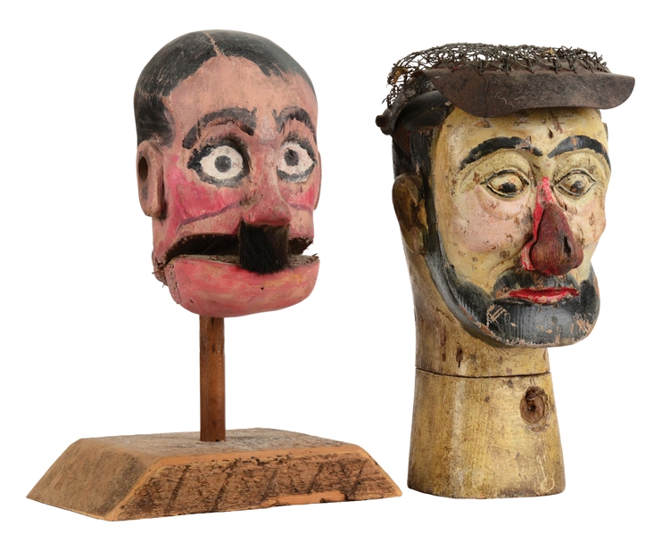 LOT OF 2: EARLY HAND-PAINTED CARNIVAL HEADS.