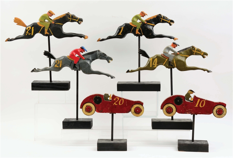 LOT OF 6: ORIGINAL CARNIVAL GAME RACE HORSES AND RACE CARS.