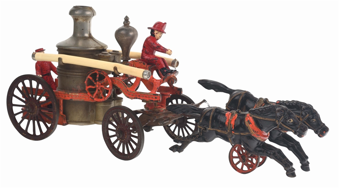 HUBLEY TWO HORSE DRAWN CAST IRON FIRE PUMPER.