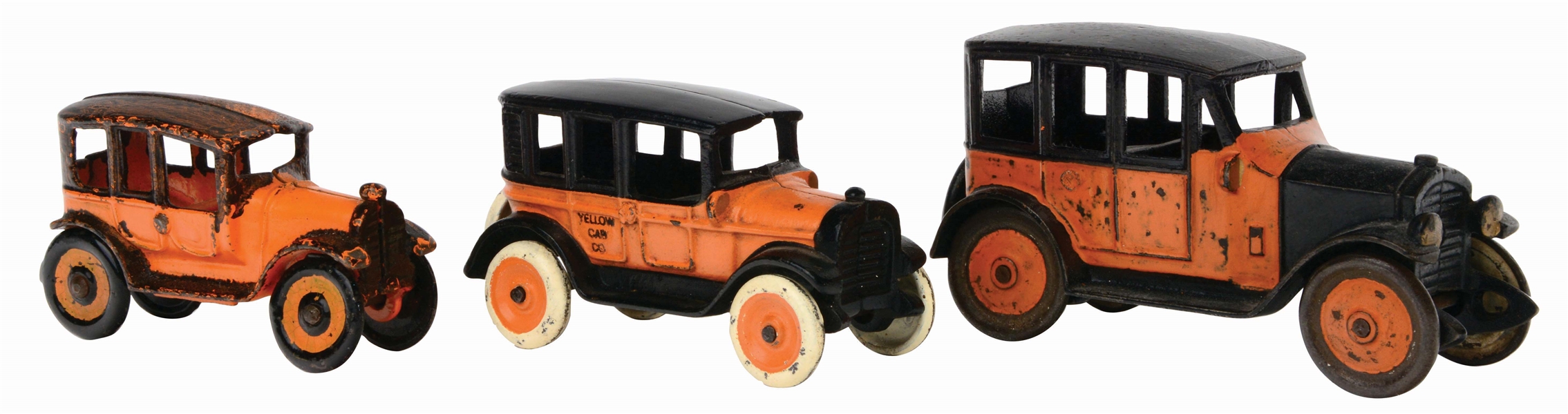 LOT OF 3: AMERICAN MADE CAST-IRON TAXI TOYS.