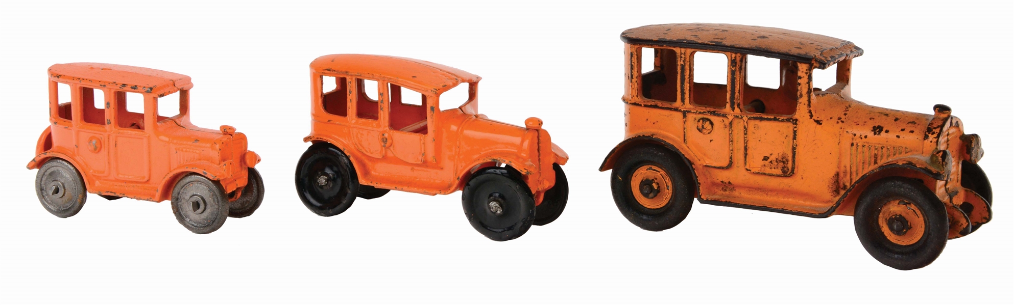 LOT OF 3: AMERICAN MADE CAST-IRON TAXI TOYS.