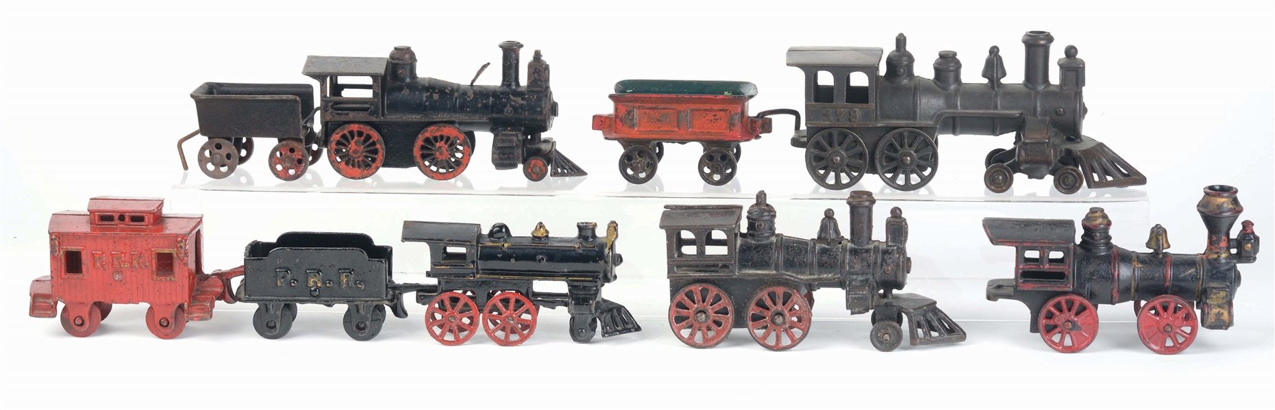 LOT OF 9: AMERICAN MADE CAST-IRON TRAIN ITEMS.
