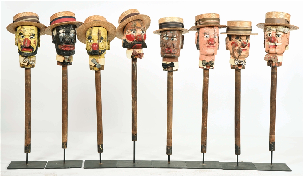LOT OF 8: EARLY CARNIVAL "HAT TOSS: GAME WITH ORIGINAL CARVED WOODEN HEADS.