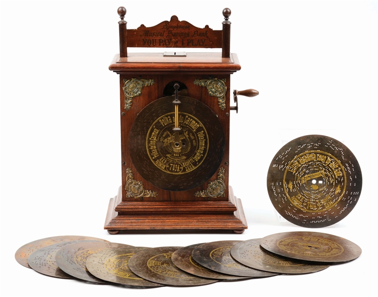 SYMPHONIAN MODEL 10S MUSICAL SAVINGS BANK WITH 10 ADDITIONAL MUSIC DISKS.