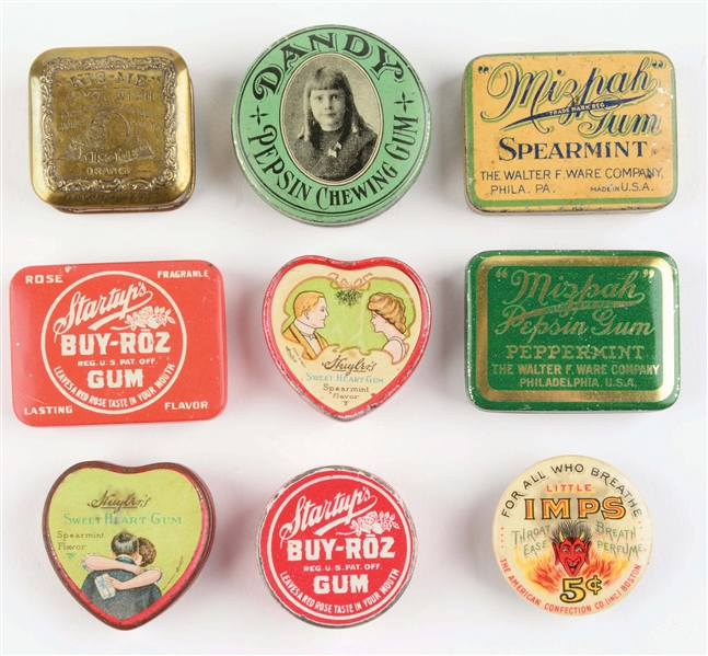 Lot Detail - LOT OF 9: CHEWING GUM POCKET TINS.