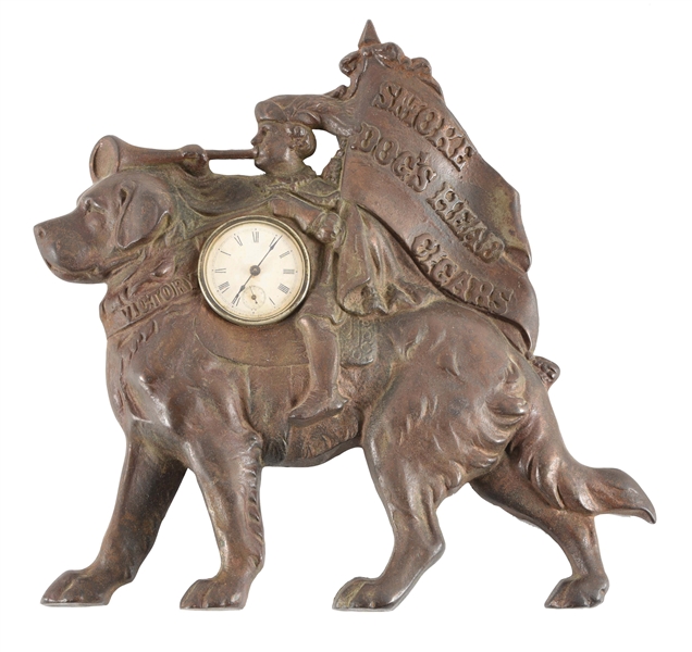 CAST-IRON ADVERTISING CLOCK FOR DOGS HEAD CIGARS.