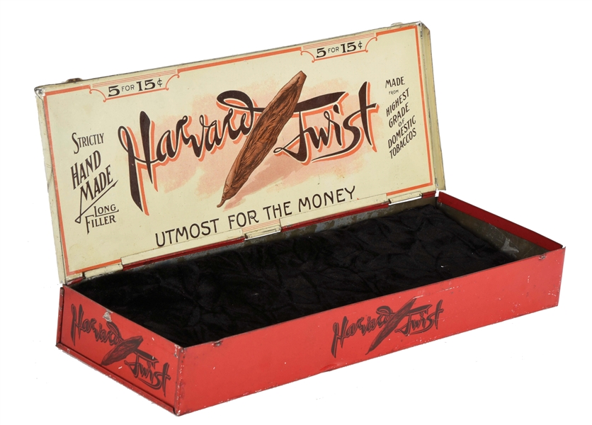 LITHOGRAPH TIN DISPLAY BOX FOR HARVARD TWIST CIGARS, MARKED FOR OHIO.