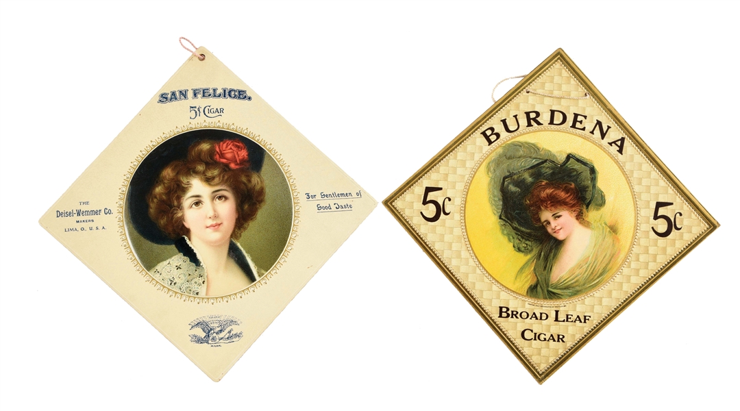 LOT OF 2: BEAUTIFUL TRIANGLE EMBOSSED CARDBOARD SIGNS, ONE FOR SAN FELICE 5¢ CIGARS, ONE FOR BURDENA 5¢ CIGARS.
