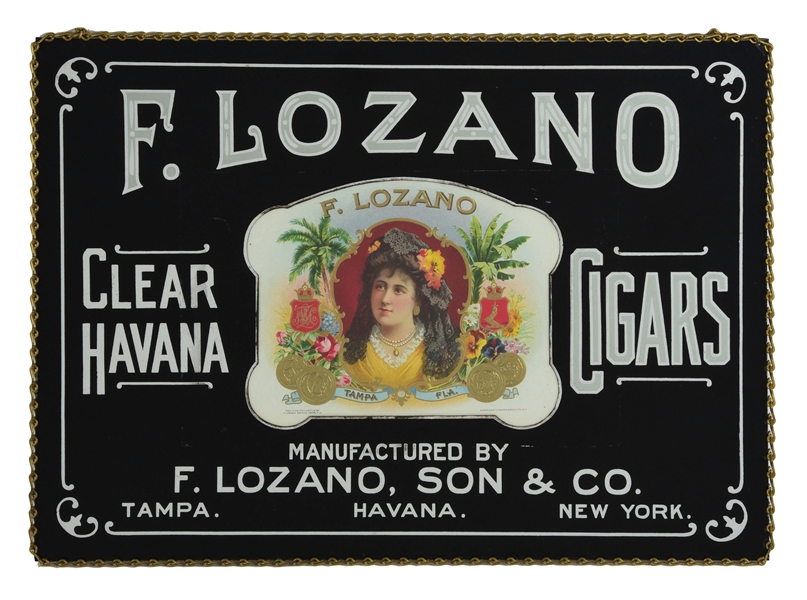 F. LOZANO CIGARS REVERSE GLASS ADVERTISING SIGN.