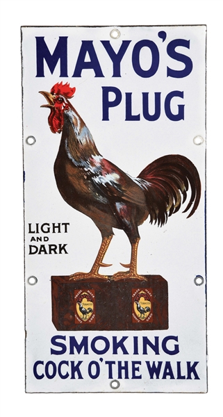 COCK-OF-THE-WALK MAYOS PLUG PORCELAIN SIGN.