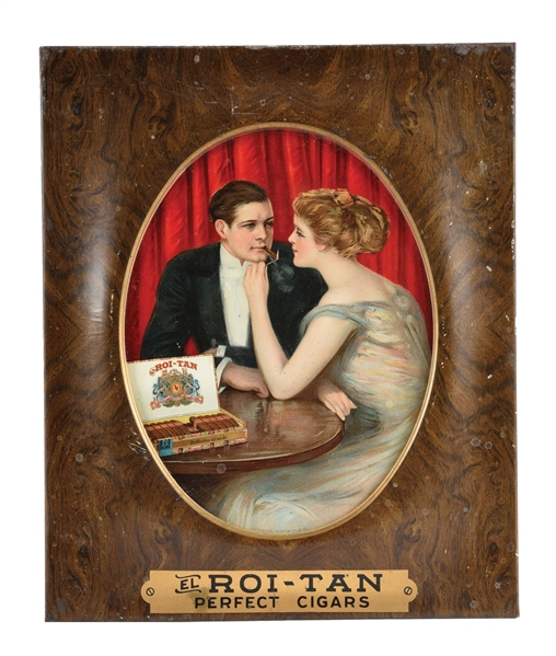 BEAUTIFUL TIN OVER CARDBOARD ADVERTISING SIGN FOR ROI-TAN CIGARS.