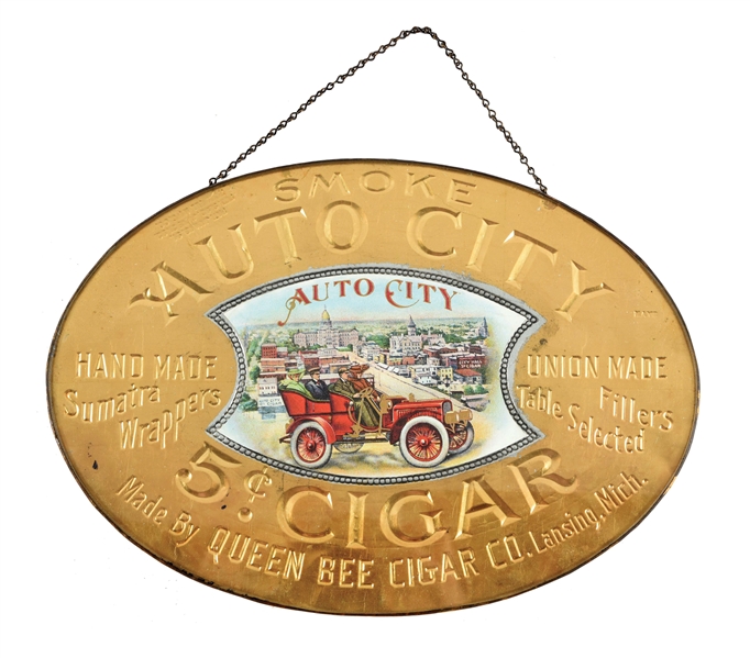 EXTREMELY RARE REVERSE GLASS PAINTED AUTO CITY 5¢ CIGAR SIGN.