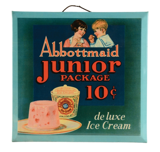 BEVELED EDGE TIN OVER TIN SIGN FOR ABBOTTMAID ICE CREAM.