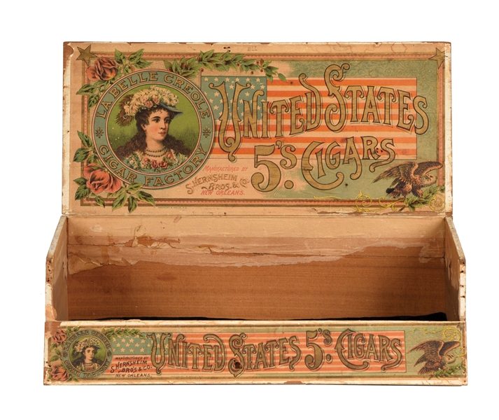 AN ORIGINAL LARGE CIGAR BOX FOR UNITED STATES 5¢ CIGARS.