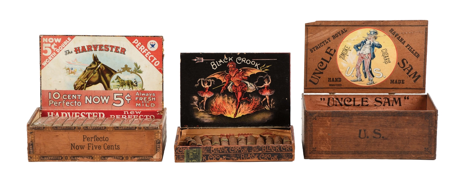 LOT OF 3: VERY RARE WOODEN CIGAR BOXES.