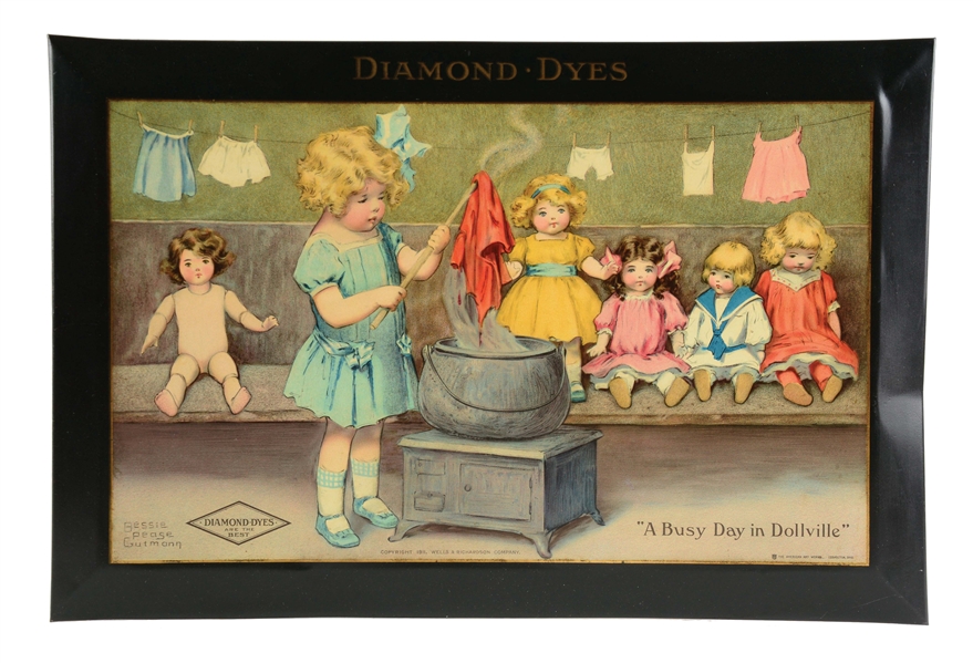 SELF FRAMED BEVELED EDGE DIAMOND DYES TIN OVER CARDBOARD SIGN.