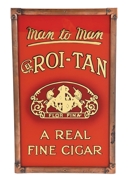 REVERSE-PAINTED GLASS SIGN FOR ROI-TAN CIGARS.