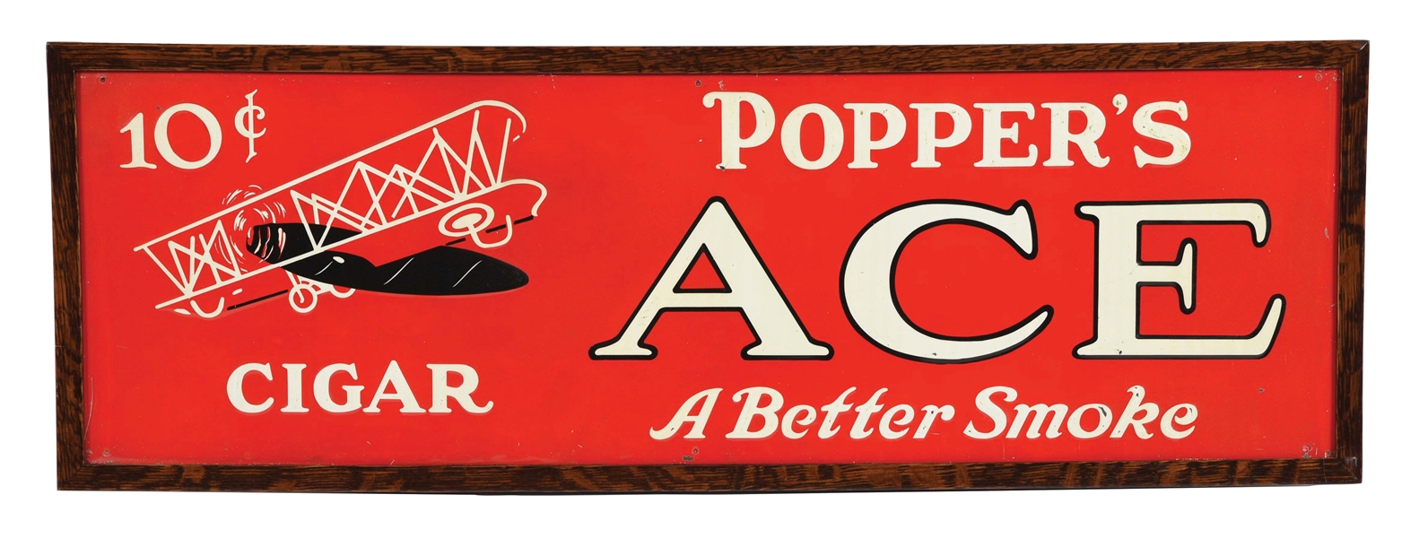 EMBOSSED TIN SIGN FOR POPPERS ACE CIGARS.