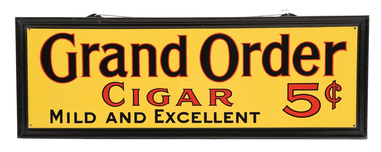 SELF-FRAMED TIN SIGN FOR GRAND ORDER CIGARS.