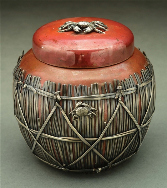 A GORHAM STERLING AND COPPER JAPANESE STYLE TOBACCO BOX.