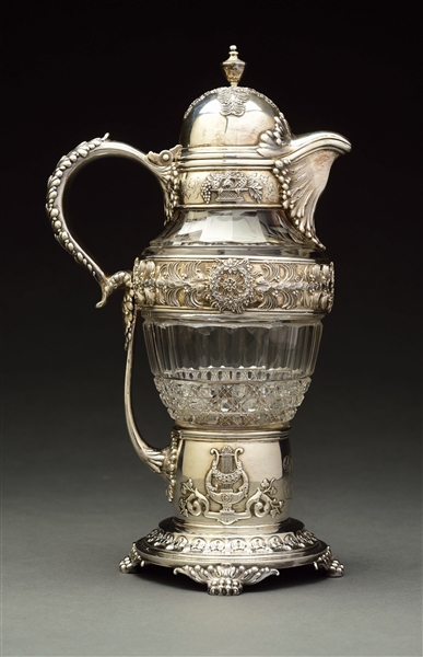 A TIFFANY STERLING MOUNTED CRYSTAL FLAGON.