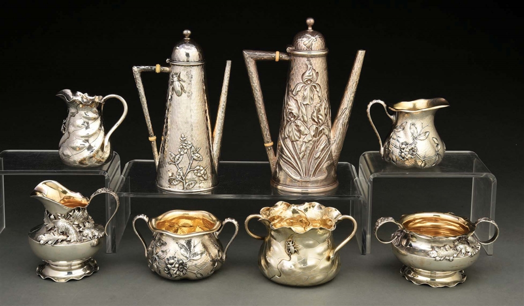 TWO AMERICAN STERLING DEMITASSE COFFEE POTS AND OTHER PIECES.