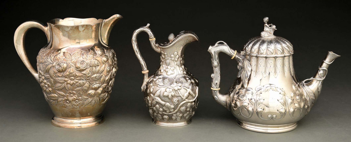 AN AMERICAN SILVER SYRUP JUG, TEAPOT, & WATER PITCHER.