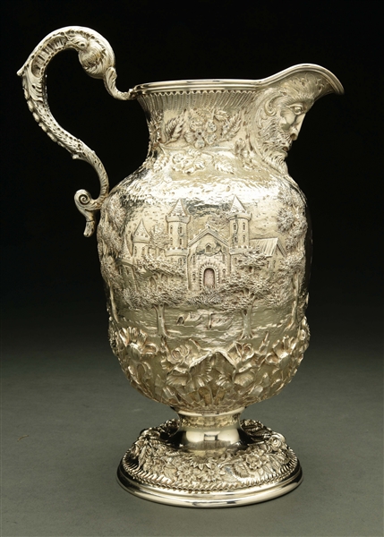 AN AMERICAN SILVER WATER PITCHER.