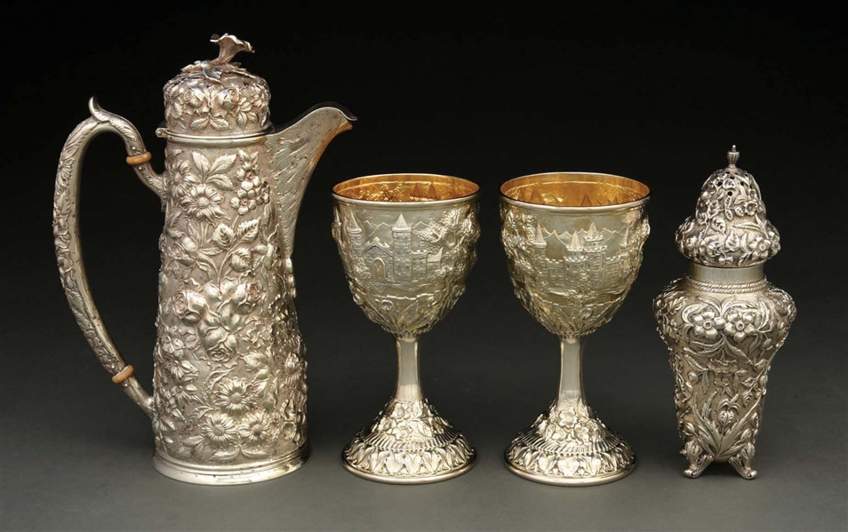 AN AMERICAN STERLING COFFEE POT, A PAIR OF GOBLETS AND A SUGAR CASTER.