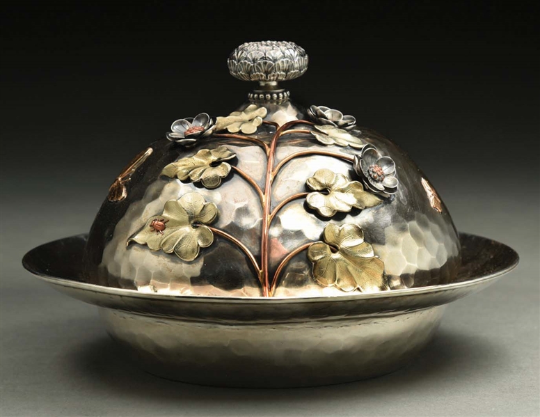 A GORHAM STERLING AND OTHER METALS COVERED DISH.