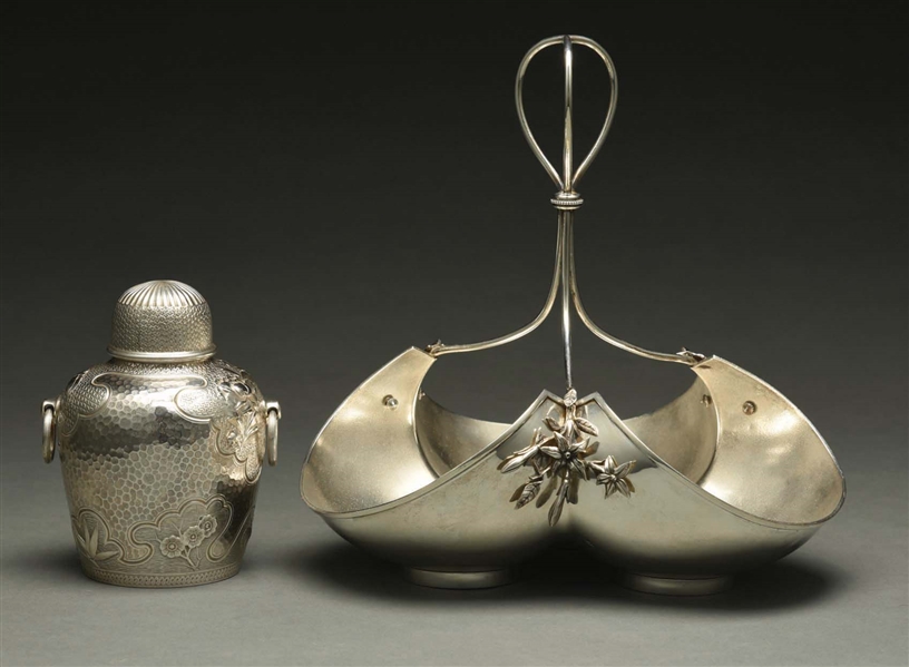 A GORHAM STERLING TEA CADDY AND A SERVING DISH.