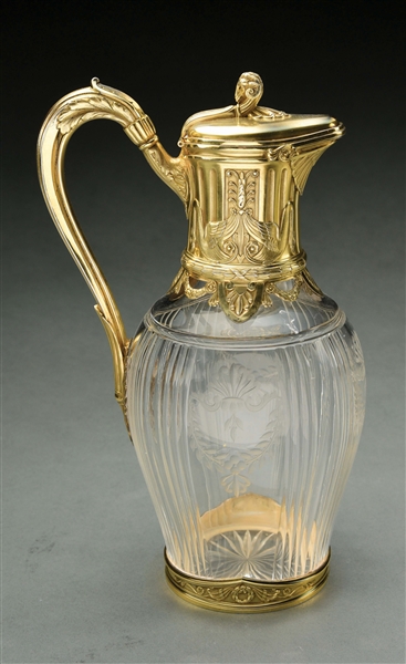 A FRENCH SILVER GILT MOUNTED CLARET JUG.