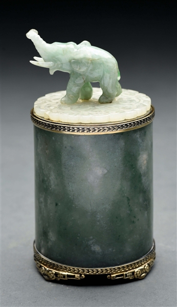 JADE AND MARBLE CANISTER WITH HINGED LID.