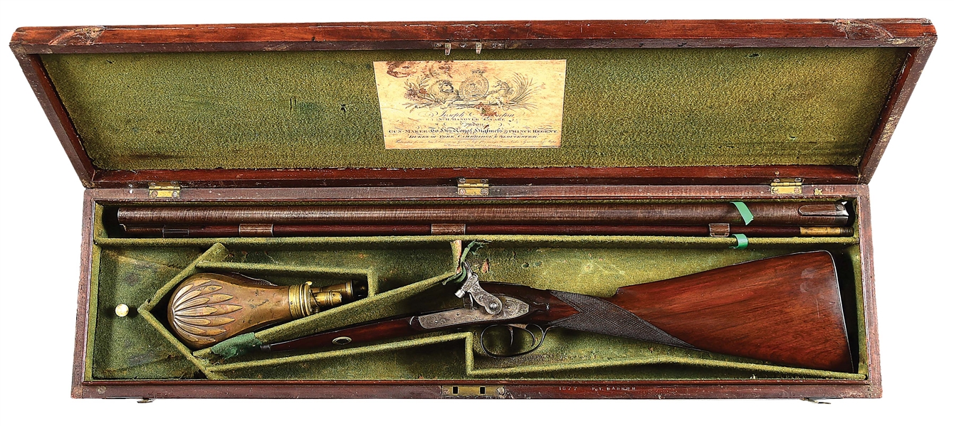 (A) JOSEPH MANTON SIDE BY SIDE GAME SHOTGUN MOST LIKELY CONVERTED FROM VERY SCARCE PATCH LOCK GUN CA 1816, WITH ORIGINAL TYPE CASE AND SOME ACCESSORIES.