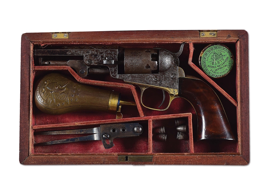 (A) ENGRAVED & CASED COLT 1849 POCKET PERCUSSION REVOLVER.