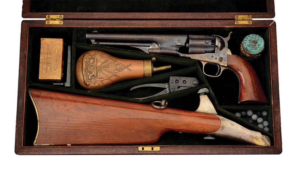 (A) CASED COLT 1860 FLUTED ARMY PERCUSSION REVOLVER WITH STOCK.