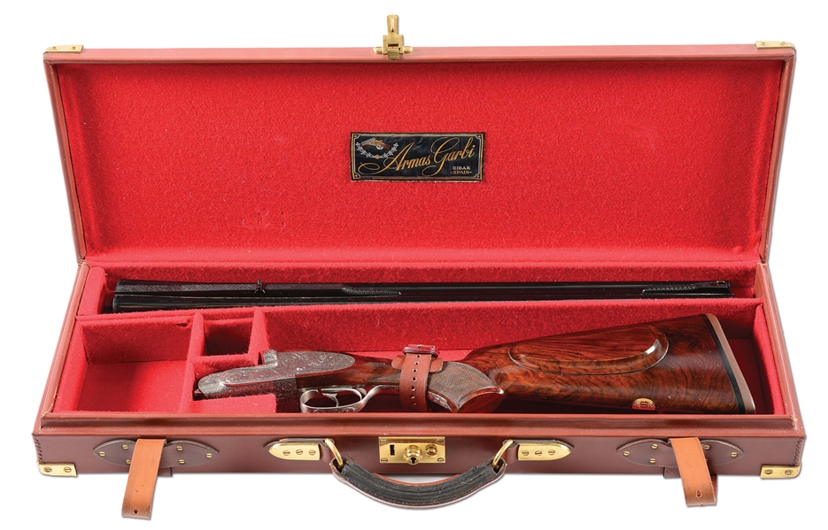 (M) SUPERB CASED & FACTORY ENGRAVED ARMAS GARBI EXPRESS #2 SIDE BY SIDE DOUBLE RIFLE WITH CASE.