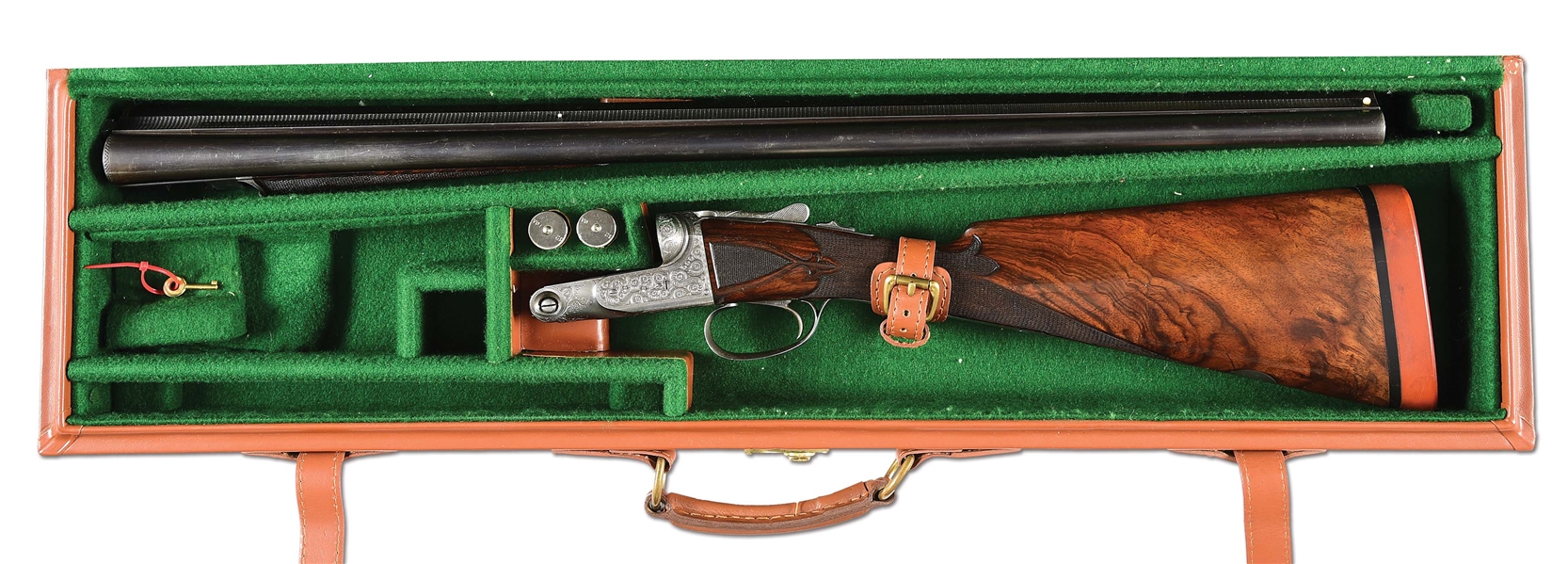 (C) SCARCE PARKER BHE 12 BORE SHOTGUN WITH CASE SOLD BY A.W. DU BRAY.