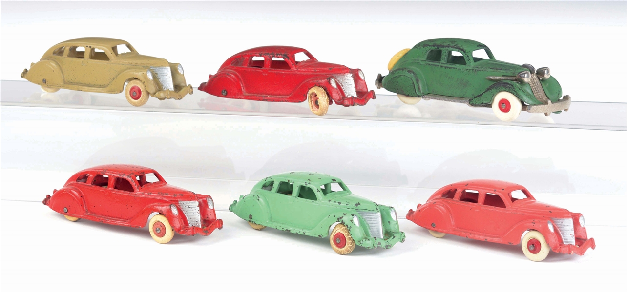 LOT OF 6: CAST-IRON HUBLEY AUTOMOBILES.