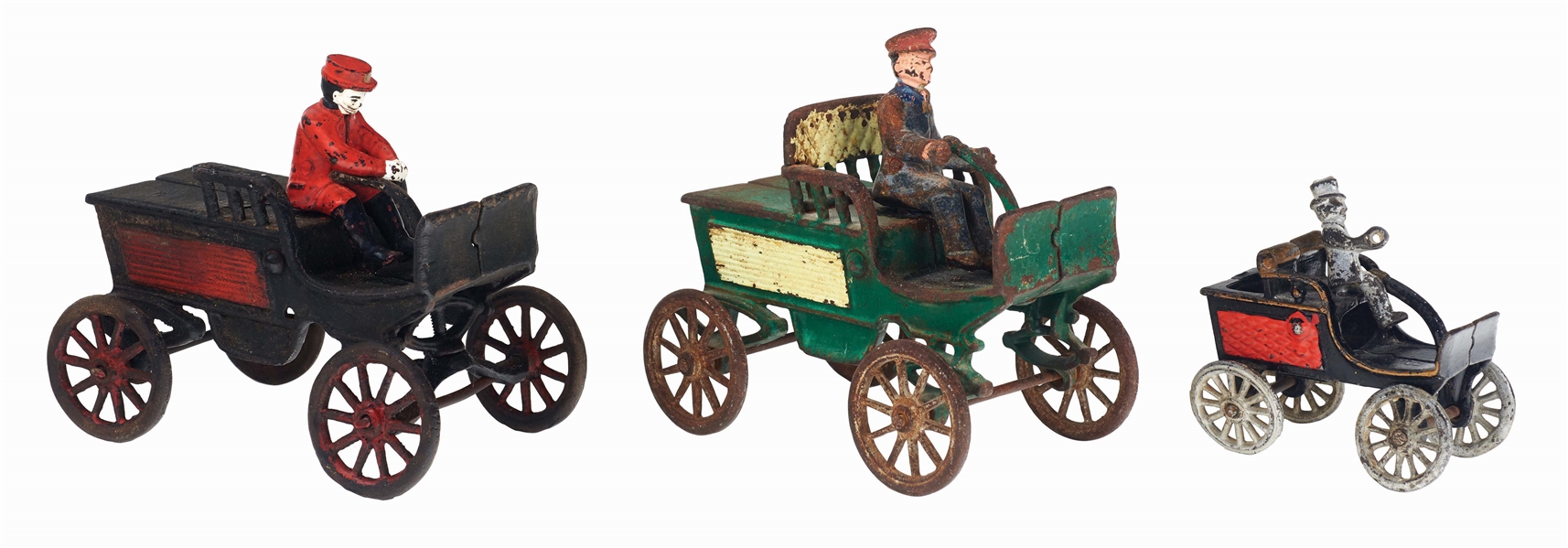 LOT OF THREE CAST IRON HORSELESS CARRIAGES.