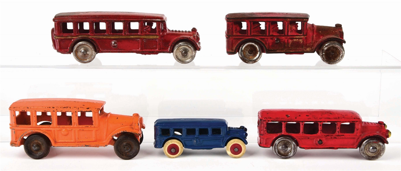 LOT OF 5: CAST-IRON AMERICAN MADE BUS TOYS.