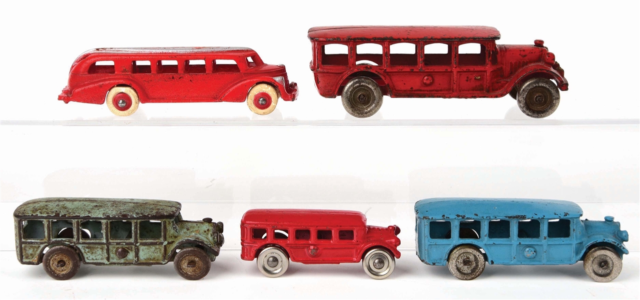 LOT OF 5: AMERICAN MADE CAST-IRON BUS TOYS.