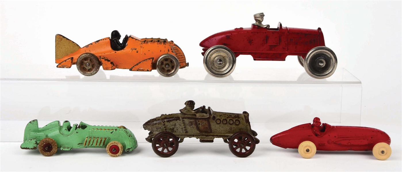 LOT OF 5: AMERICAN MADE CAST-IRON RACE CARS.