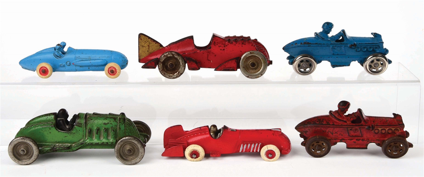 LOT OF 6: CAST-IRON AMERICAN MADE RACE CAR TOYS.