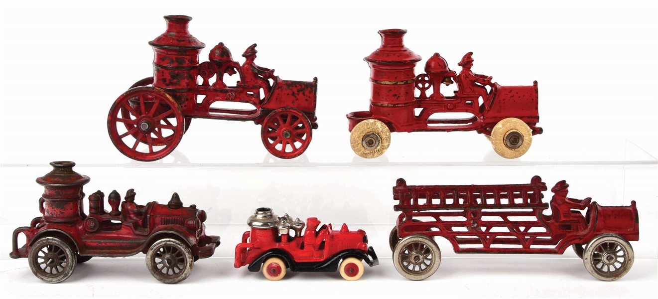 LOT OF 5: AMERICAN MADE CAST-IRON FIRE PUMPER AND LADDER VEHICLES.