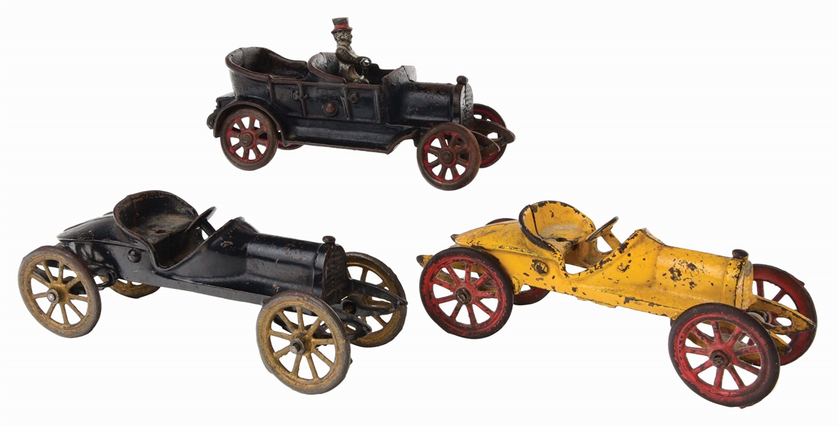 LOT OF 3: CAST-IRON AMERICAN MADE AUTOMOBILE TOYS.