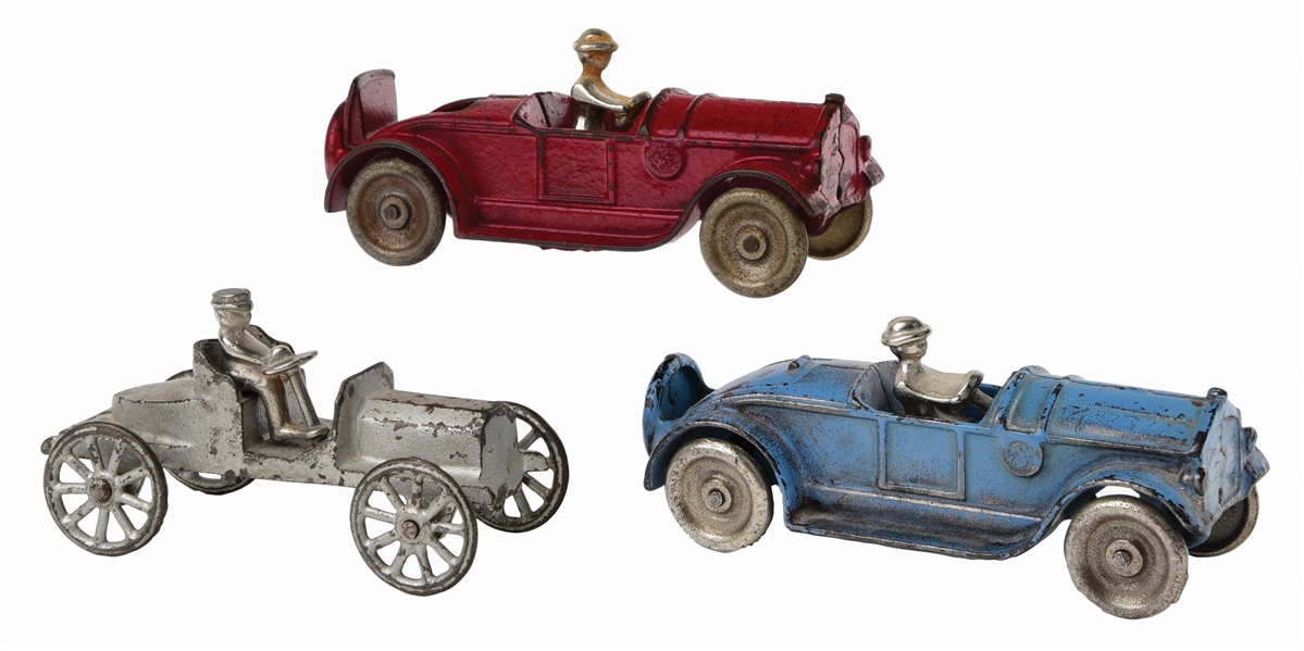 LOT OF 3: AMERICAN MADE CAST-IRON ROADSTER AUTOMOBILES.